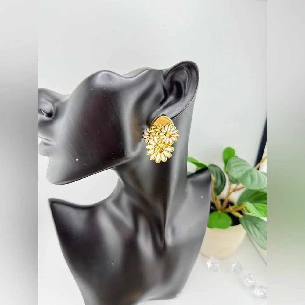 Gold Daisy Statement Earrings – Enamel Floral Drops | PVD Real Gold Plated - Picture 11 of 11